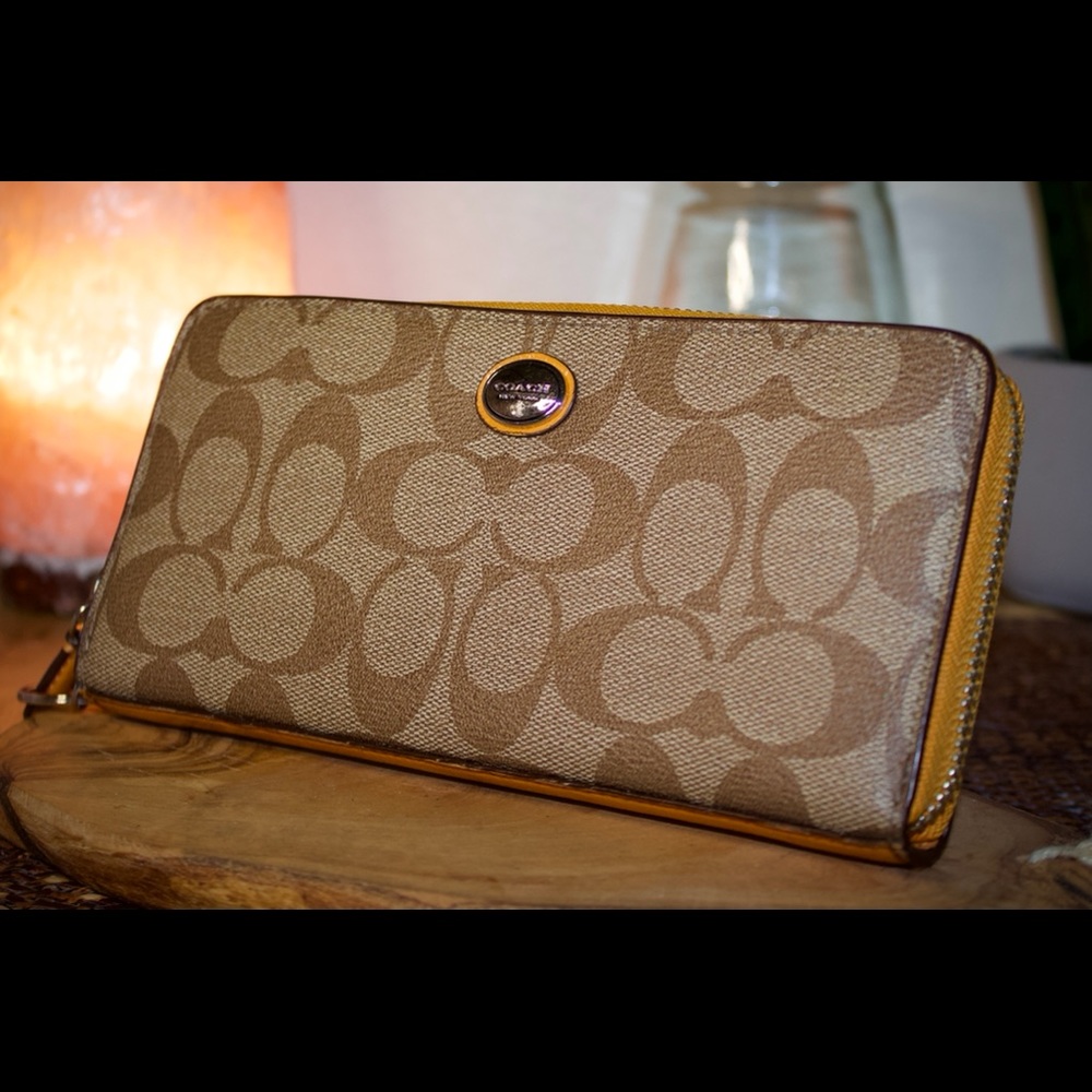 COACH Peyton Signature Khaki Orange Zip Wallet